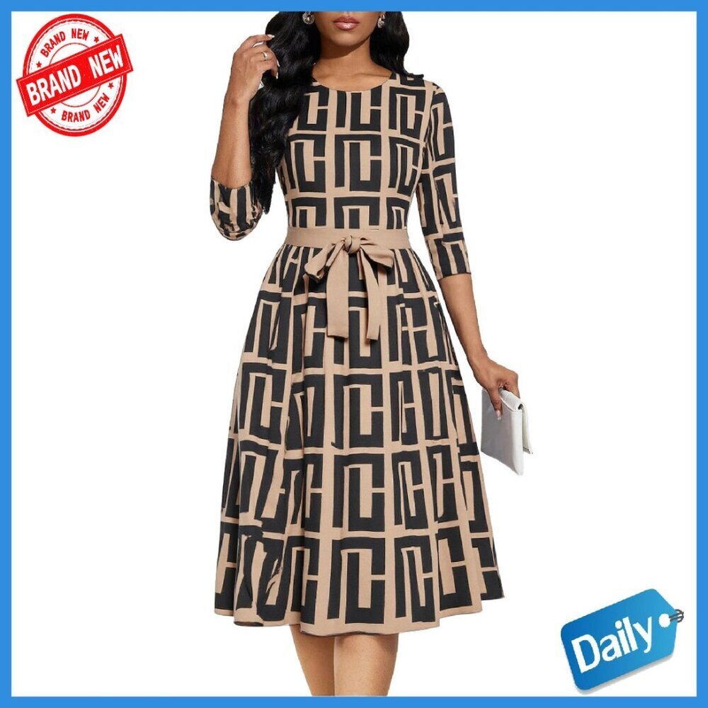 Knee Length A-Line Swing Dress 3/4 Sleeve Crew Neck Summer Midi